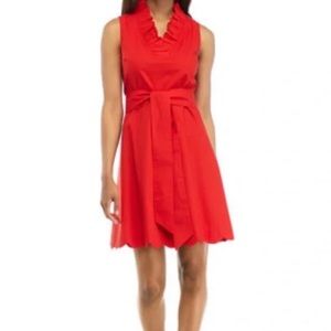 Crown & Ivy “Americana Fresh Red” ruffled neck, scalloped, tie waist dress